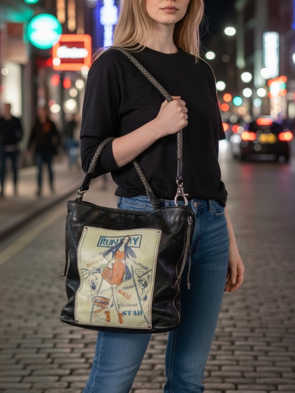 Brighton Black Leather Tote with Cream Vintage Poster Panel